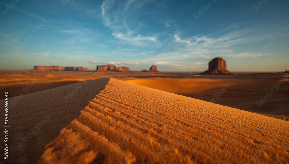 Obraz premium Majestic Desert Dunes and Iconic Rock Formations at Sunrise in Monument Valley - Arid Nature Landscape Photography of the Wild West's Natural Beauty and Scenic Serenity