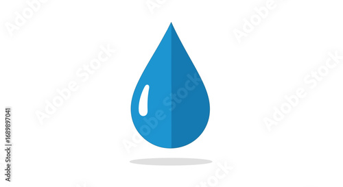 A simple, flat design illustration of a single blue water droplet with a highlight, casting a subtle shadow on a white background.
