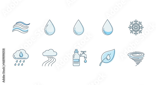 Water cycle icons: waves, drops, snowflake, rain, bottle, leaf, tornado.