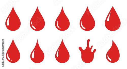 A collection of ten red blood drop illustrations, with one showing a splash.