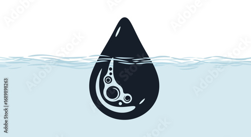 Illustration of a dark water droplet with bubbles inside, submerged in water.