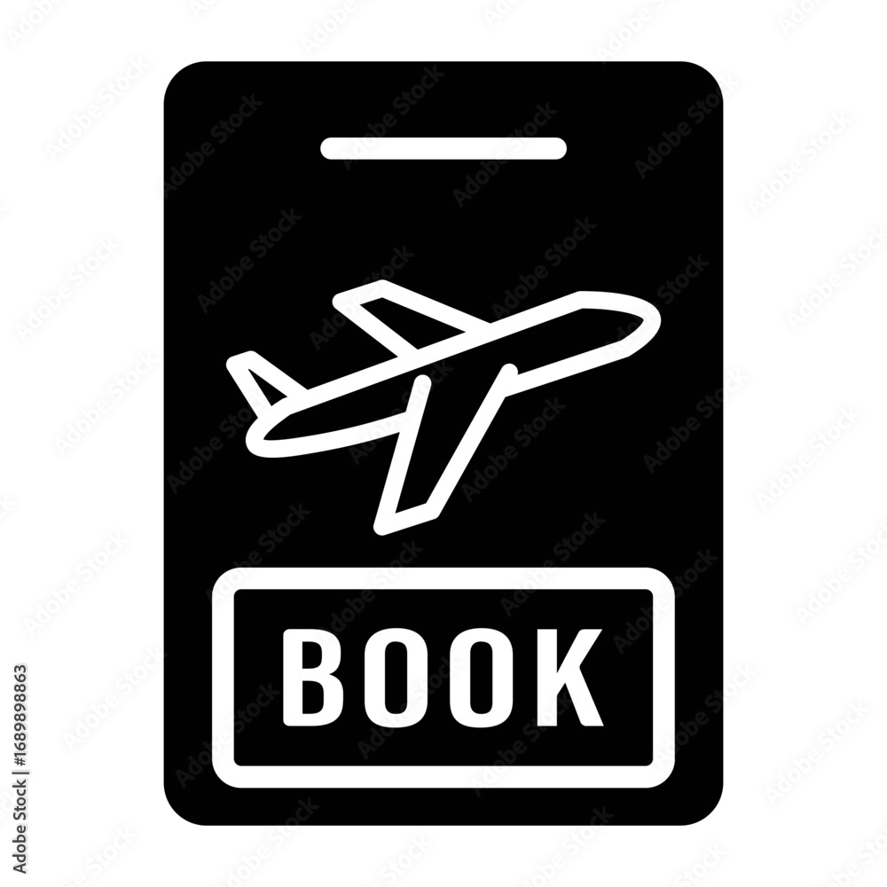 Fototapeta premium Black and white glyph icon symbolizing online flight booking, representing a travel app for airline ticket reservations and vacation planning