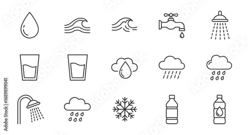 Collection of various water-related icons, including drops, waves, taps, showers, glasses, clouds, and bottles.