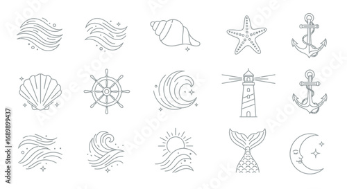 Collection of nautical themed line art drawings of waves, shells, anchors, and other sea elements.