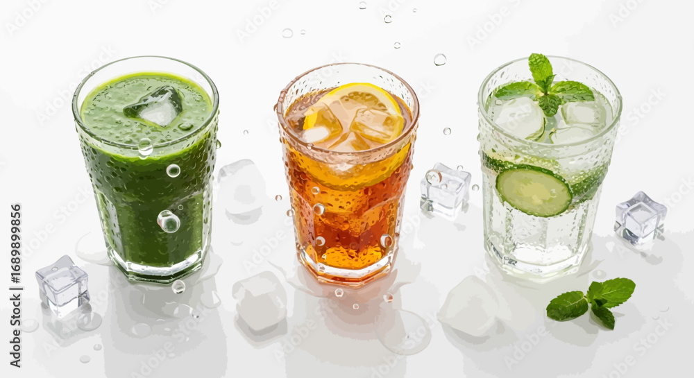 Fototapeta premium Three refreshing cold drinks: a green smoothie, iced tea with lemon, and cucumber mint water, surrounded by ice cubes and water droplets on a white background.