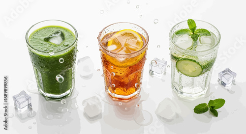 Three refreshing cold drinks: a green smoothie, iced tea with lemon, and cucumber mint water, surrounded by ice cubes and water droplets on a white background.