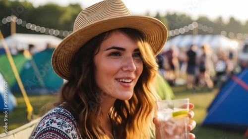 Young woman wearing hat drinking cold beverage at outdoor festival with joyful lifestyle mood
