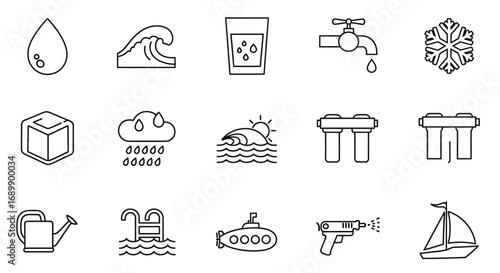 A collection of line art icons representing various aspects of water, including its forms, uses, and related activities.
