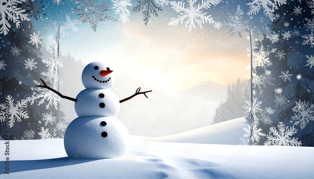 Obraz premium Snowman in Snowy Mountain Scene