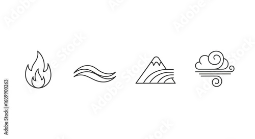 A set of four minimalist line icons representing the classical elements of fire, water, earth, and air.