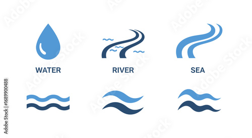 Set of blue water-related icons including a drop, river, sea, and waves, illustrating various forms of water.
