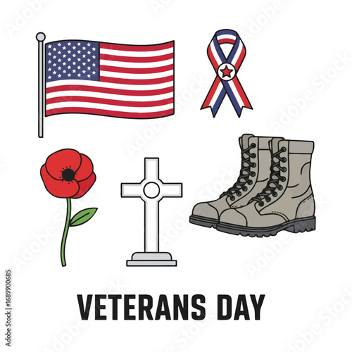 Veterans Day Icons. Solid, filled icons set of Veterans Day: medal, soldier hat, folded flag, salute, helmet,