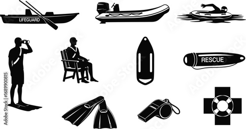 Lifeguard equipment and rescue icons, black silhouette vector, lifeguard boat, swimming safety, rescue buoy, whistle, flippers, water safety gear