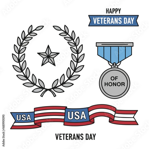 Memorial Day Tribute Symbols Saluting Soldier, Medal of Honor, Dog Tags, Folded Flag, and Military Memorial
