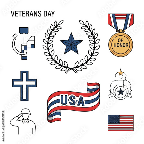 Memorial Day Tribute Symbols Saluting Soldier, Medal of Honor, Dog Tags, Folded Flag, and Military Memorial