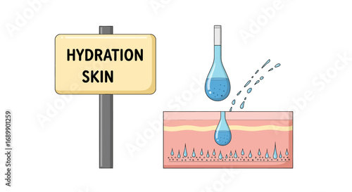Illustration depicting skin hydration with a sign and a drop of liquid being applied.