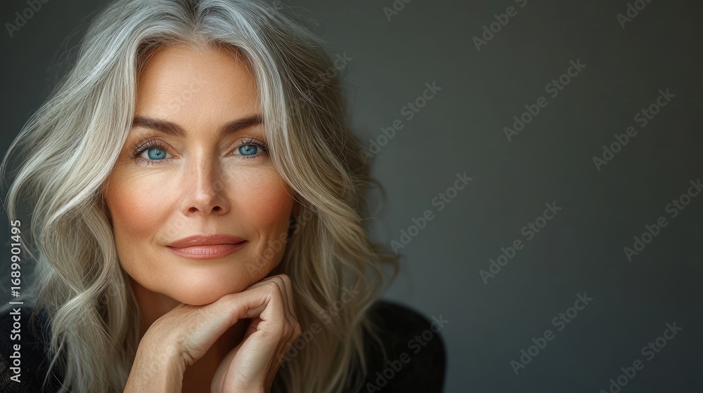 Naklejka premium Close-up portrait of a mature woman with silver hair and blue eyes resting her chin on her hands, conveying calm and confidence against a dark background