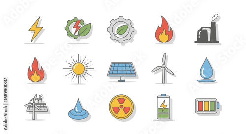 Collection of various energy source icons, representing renewable and non-renewable power options.