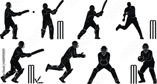 Silhouette cricket players in action, batting, bowling, fielding, wicketkeeping, stumps breaking, sports illustration, vector artwork for cricket concept design