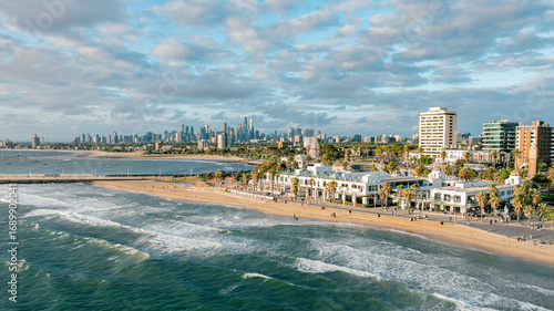 St Kilda Beach Aerial View with Melbourne City Skyline in the Background, Australia – Drone Photography