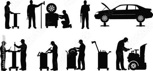Silhouette mechanic icons set, car repair service, vehicle maintenance, auto garage workers, tools, engine check, tire service vectorSilhouette mechanic icons set, car repair service