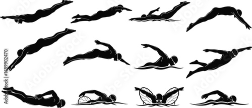 Silhouette set of professional swimmer in action, swimming poses, diving, freestyle, butterfly, breaststroke, backstroke illustration for sports design
