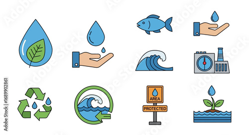 Collection of water conservation and environmental protection icons.