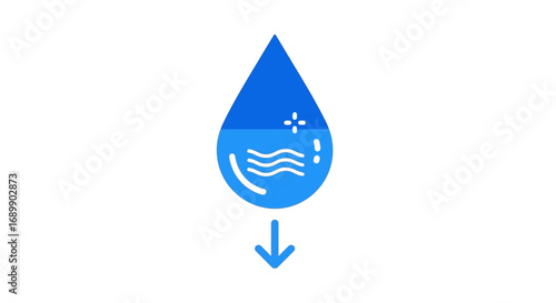 A blue icon of a clean water droplet with sparkles and a downward arrow, symbolizing purification or filtration.
