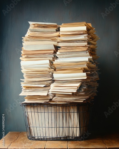 Large overflowing wire basket filled with numerous stacks of old, yellowed papers and documents on a wooden table against a plain dark background