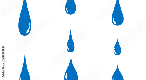 A collection of nine blue water droplets in various sizes and shapes, isolated on a white background.