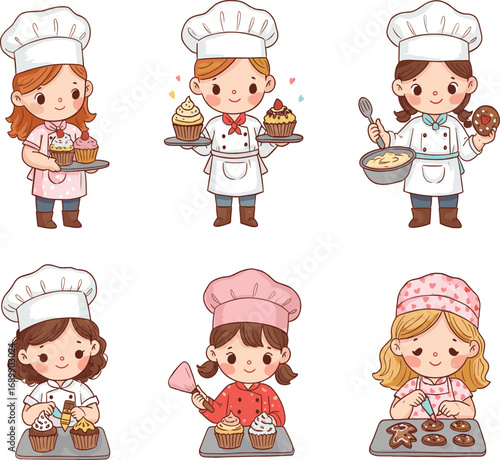 Cute cartoon girl bakers decorating cupcakes and cookies, ideal for kids learning, baking posters, kitchen decor, party invitations, and stickers