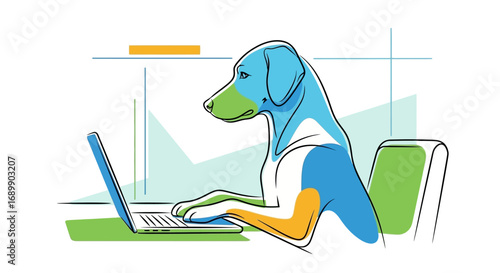 A stylized illustration of a dog sitting at a desk and typing on a laptop computer.