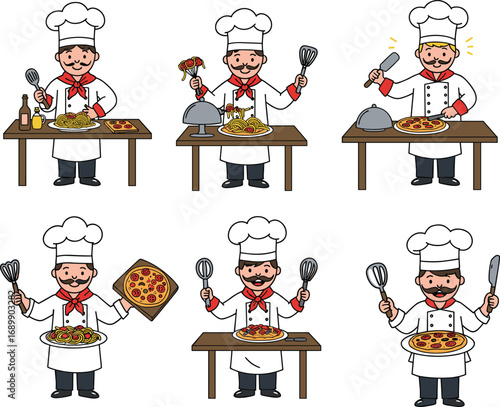 Happy chef cooking delicious pizza and spaghetti, Italian food preparation, restaurant kitchen scene, cartoon chef character, culinary art vector illustration