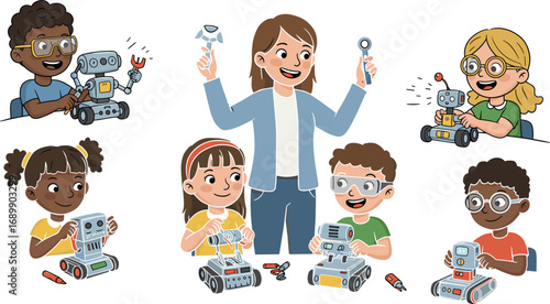 Kids learning robotics with teacher in STEM class, building robots with tools, hands-on education, engineering activity, teamwork, coding fun
