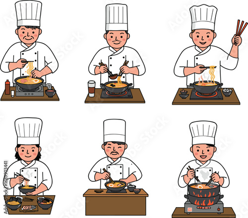 Professional chefs cooking ramen noodles in kitchen, Asian cuisine illustration, perfect for restaurant menus, posters, cooking blogs, culinary education
