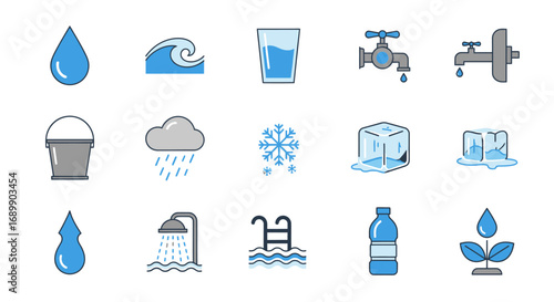 A collection of fifteen colorful icons representing water in its various forms, states, and common uses.