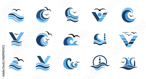A collection of stylized blue wave and seagull icons, some incorporating lighthouse and letter V elements, representing maritime themes.