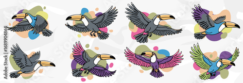 Toucan Vektorgrafik Kollektion bunte fliegende Vögel Pop-Art Stil Illustration tropisch Design