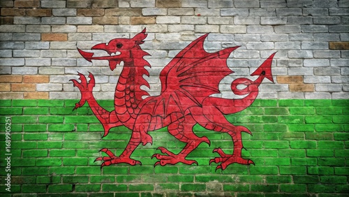 A majestic red dragon painted on a weathered brick wall, a symbol of strength and heritage