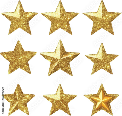 Nine sparkling golden stars with glitter effect Keywords: stars, golden, gold, glitter