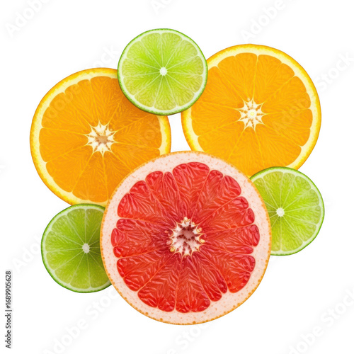 Assortment of citrus fruit slices including orange grapefruit and lime isolated on transparent background