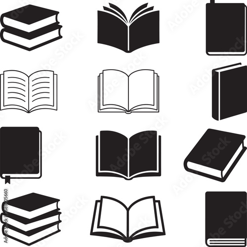 Book icon set in flat black silhouette vector illustration bundle for education and reading concepts
