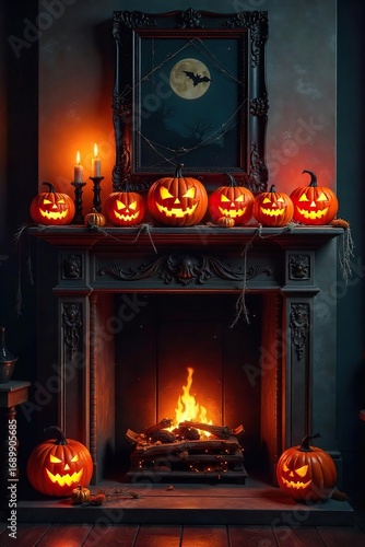 Spooky Halloween Mantelpiece Decor Carved Pumpkins, Spiderwebs, and Eerie Lighting Create a Perfect Autumnal Holiday Scene for Your Projects.
