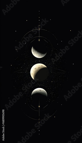 Three crescent moons in varying phases, vertically aligned within a minimalist geometric design against a black background, adorned with subtle golden accents and scattered stars