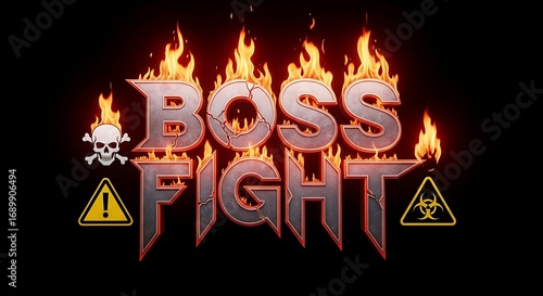 Intense fiery 'Boss Fight' text graphic with danger symbols signals ultimate challenge