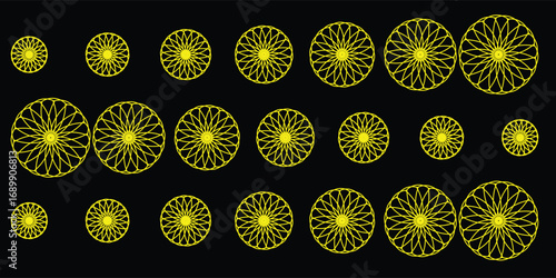 Abstract yellow geometric circle pattern on black background, modern decorative design suitable for digital art and wallpaper.