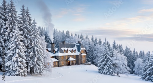 Winter Wonderland: Cozy Stone House Amidst Snow-Covered Trees and Smoke