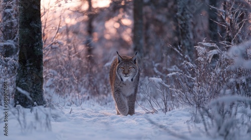 Winter Forest Scene Featuring a Camouflaged Wolf Walking Through Snowy Wilderness with Natural Wildlife Habitat and Scenic Night Landscape