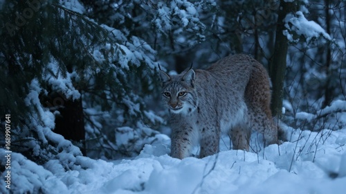 Majestic wildcat stalking through snowy winter forest demonstrating stealth agility and natural camouflage in a captivating wildlife photography scene