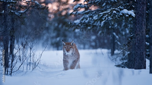 Majestic wolf in winter snow-covered forest scene showcasing wilderness outdoor wildlife nature photography and serene animal portrait in cold climate